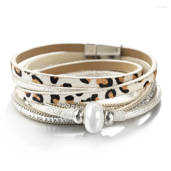 Bracelets Charm Allyes Pulsera de cuero leopardo para mujeres Elegante perla de cerámica Multicapa envoltura de brazaletes anchos joyas de cristal