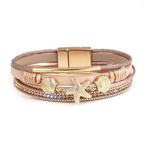 Bedelarmbanden Allyes Starfish Shell Leather Lederen armband voor vrouwen Boho metalen buis kristal kralen kettingbangen Bangles strand sieraden