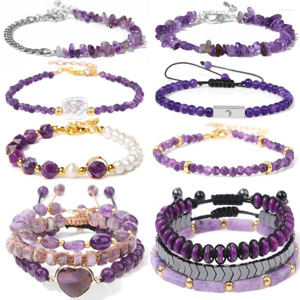 Charme pulseiras ametistas pedra pulseira roxo natural lascado trançado ajustável cura energia jóias para mulheres presentes reiki