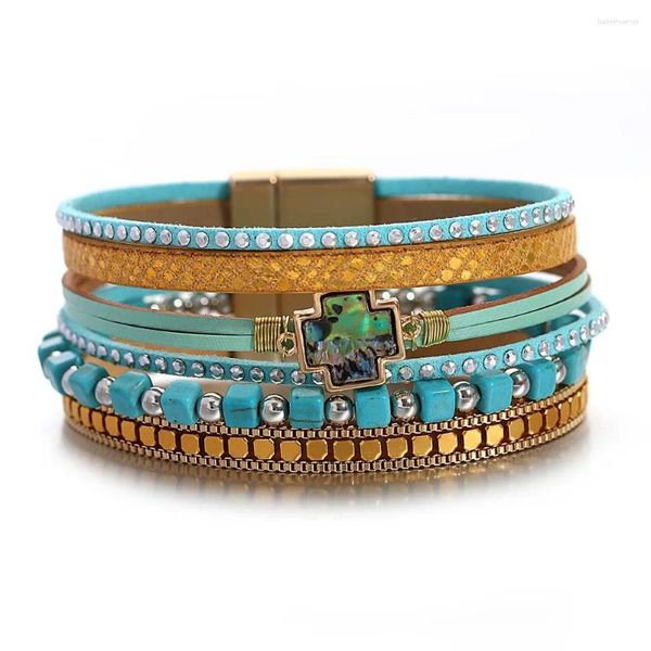 Bracelets de charme Amorcome ethnique croix coquille d'ormeau pour les femmes pierres bleues perles en cuir mode femme bijoux