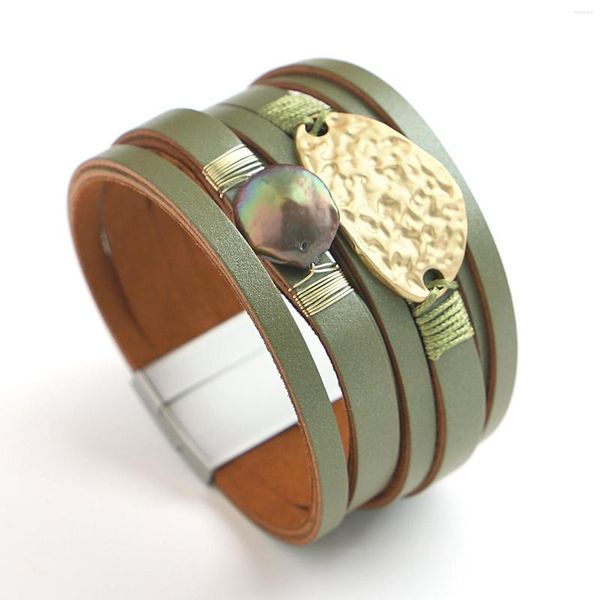 Bracelets porte-bonheur Amorcome mode aimant bohême cuir pour femmes irrégulière perle métal Wrap femme bijoux en gros