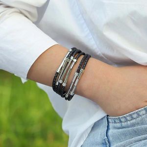 Charm Armbanden Amorcome Mode Metalen Bar Buis Kralen Multi-layer Lederen Touw Wrap Armband Voor Vrouwen Mannen Sieraden Femme Pulseiras