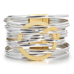 Bracelets de charme Amorcome Fashion Multi-couche couleur Gold Couleur grand cercle Couir Pu brillant à la main
