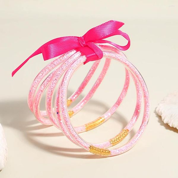 Pulseras de encanto Amorcome Lentejuelas Glitter Lleno Jelly Silicona PVC Cinta de plástico Bowknot Brazalete budista para mujeres Niñas Color rosa