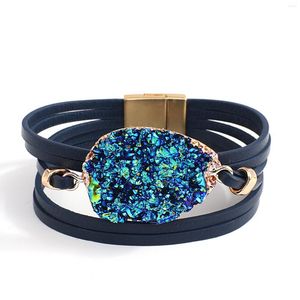 Bracelets de charme Amorcome Simulation Druzy Grand Bracelet En Pierre Couches En Cuir Pour Femmes Femme Bracelet Magnétique Bijoux Cadeau