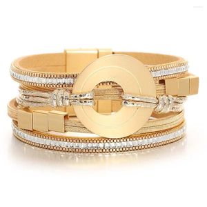 Bracelets de charme Amorcome Ord Couleur or Round Metal Square Squêtes de bracelet Multilleuse Bracelet en cuir pour femmes