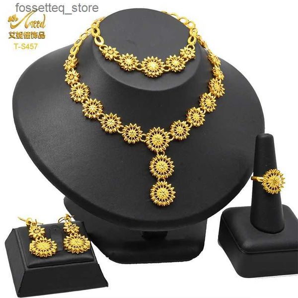 Bracelets de charme Aniid indien plaqué or ensemble de bijoux 24K mariage de mariée Dubai collier et boucles d'oreilles pour femmes cuivre africain bijoux fête cadeau L240319