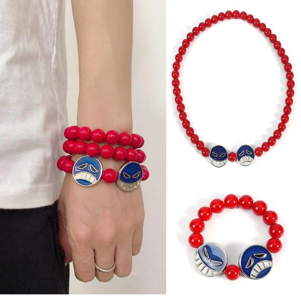 Charm Bracelets Anime One Piece Portgas D Ace Luffy Collar Pulsera Set Red Beads Cosplay Colgante Joyería Gargantilla Kolye Caja de regalo