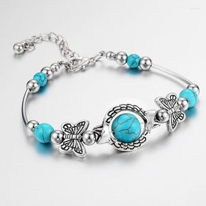 Pulseras con abalorios, pulsera de pez hueco de piedra de cuentas de turquesa azul de Color plata antigua para mujer, venta al por mayor, gota de joyería