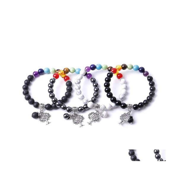 Pulseras con dijes Manzano Encantos Siete Chakras Pulsera Negro Blanco Turquesa Lava Piedra Cuentas Mujeres Hombres Amante Energía Buda Joyas Dhluc