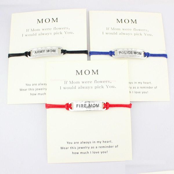 Pulseras con dijes Army Fire Thin Blue Line Mamá Esposa Hija Abuela Abuelo Hermana Padre Tarjeta Cordón de cera Mujeres Joyería de moda Gota Deli Dhddk