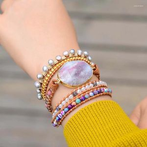 Bracelets porte-bonheur arrivée 4Unik cuir Wrap violet jaspe perles d'eau douce perles tibétaines Bracelet bijoux en perles naturelles