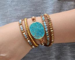 Bedelarmbanden aankomst 4Unik Ocean Blue Stone Bracelet Boho 5x Leather Friendship Wrap Sieraden Boheems goud