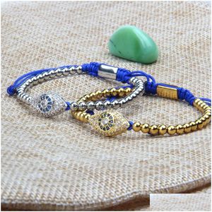 Bedelarmbanden Aankomst religie sieraden 4 mm roestvrijstalen kralen met micro pave zwart en blauw cz lucky eye rame armband voor gif dhi7o