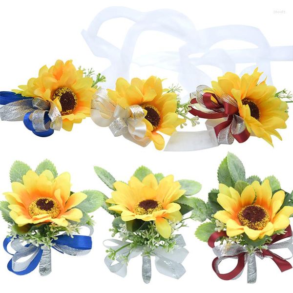 Pulseras con dijes Seda artificial Girasol Muñeca Ramillete Pulsera Dama de honor Flores de boda Decoración de fiesta de flores