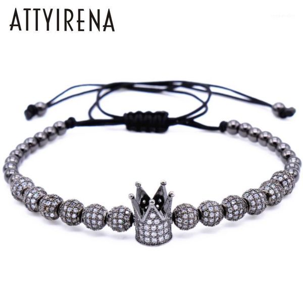 Pulseras con dijes ATTYIRENA Zircon Joyería para hombres Cubic Micro Pave CZ Crown Charm4mm Cuentas redondas de oro Pulsera de macramé trenzada1