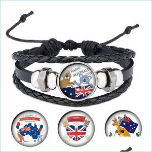 Bracelets de charme Australie Jour Drapeau Koala Motif Cabochon En Verre Snap Charm Bracelet En Cuir Pour Hommes Ajuster La Taille Pour Le Cadeau B058 Drop Deliv Dhnt0