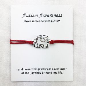 Pulseras con dijes Conciencia Autismo Charms Brazalete Multicapa Cuerda de cera roja Plata antigua Plateada Mujeres Hombres Unisex con pulsera de tarjeta Jew343U