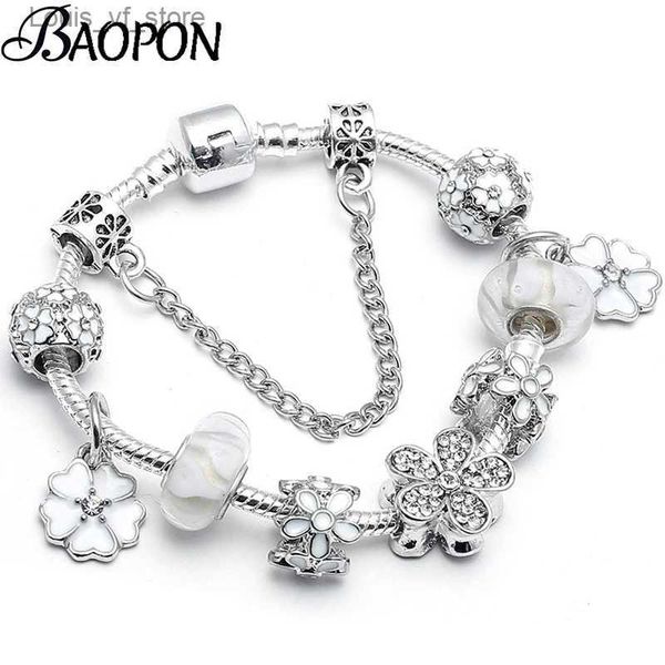 Braceletas Charm Baopon Venta caliente Flor de cristal Blanco Colgales Charm Beads Plants Bracelet para mujeres Joyas de aniversario de pareja T231213