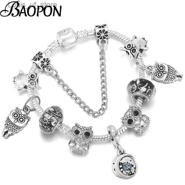 Braceletas Charmet Baopon Silver Color Vivid Owl Colgales Beads Pulseras de encanto de Charlets con brazaletes de cadena de serpientes para mujeres joyas de cristal para niños T231213