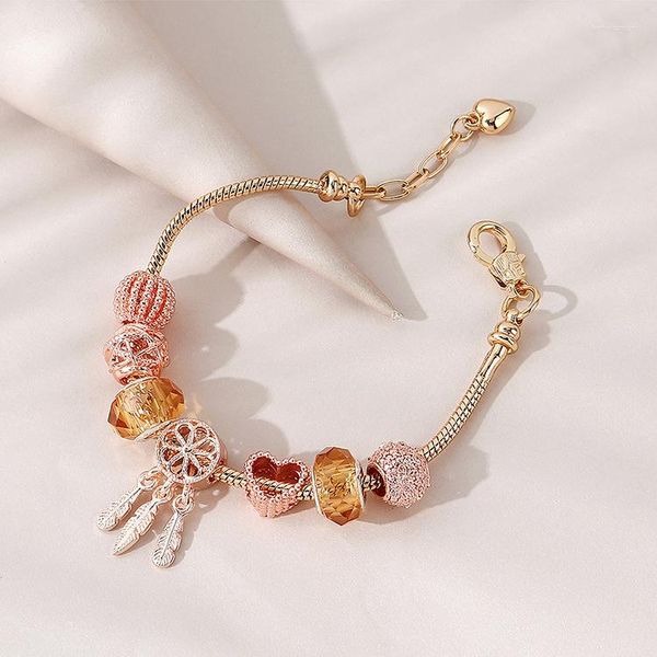 Pulseras con dijes, pulsera de cuentas, farol de corazón hueco a la moda para mujer, accesorios de joyería con eslabones de cristal