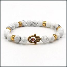 Bracelets de charme Bracelet en pierre de perle 8mm Perles blanches Lion Hibou Tête de Bouddha Stretch Élastique Hommes Drop Livraison Bijoux Dhzyt