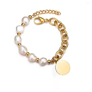 Pulseras con dijes, pulsera de acero con perlas de agua dulce, delicada y elegante, pequeña bola, joyería ajustable para mujer ID 40956