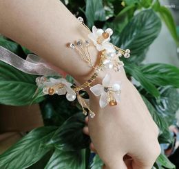 Charme Bracelets Beau Poignet Corsage Bracelet Perle Cristal Demoiselle D'honneur Sœurs Main Fleurs De Noce Fiançailles Accessoires De Mode