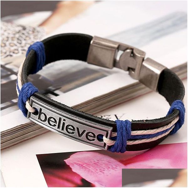 Pulseras con dijes Creer pulsera Etiqueta Cuero Brazalete inspirador Brazalete Mujeres para hombre Pulsera Joyería de moda Will y Sandy Drop Deliv DHXRW