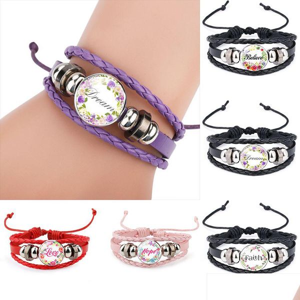 Pulseras con dijes Believe Hope Faith Dream Love Envoltura de cuero para mujeres Hombres Carta inspiradora Pulsera Brazalete Moda hecha a mano Jewelr Dh7Ch