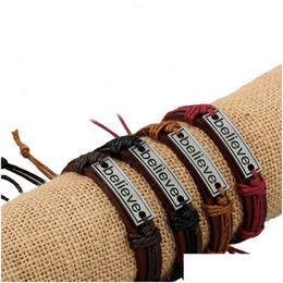 Bedelarmbanden Geloof Id Tag Bedelarmbanden String Verstelbare lederen armband Polsband Bangle Cuff voor dames Heren Mode-sieraden Dhy0V
