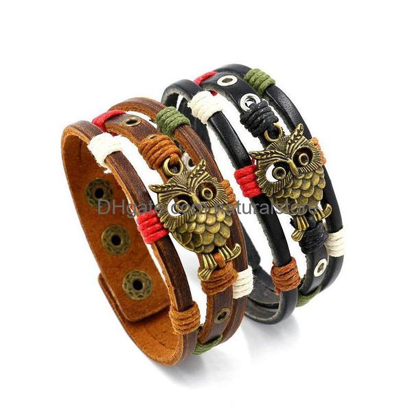 Pulseras con dijes Pájaro Búho Mtilayer Pulsera de cuero Brazalete Brazalete Abrigo Negro Marrón Botón Pulsera ajustable Para Mujeres Hombres Moda Jewe Dh8Rt