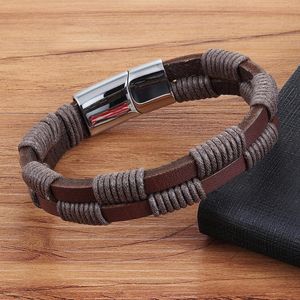 Bedelarmbanden zwarte/bruine kleur gevlochten in elkaar grijpende stiksels echte lederen armband roestvrijstalen magnetische gespen voor mannen cadeau