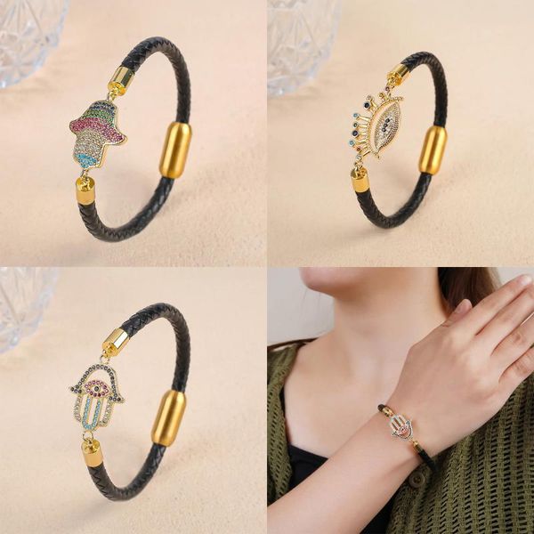 Bracelets de charme en cuir noir personnalisé brillant cubique zircon bracelet de paume pour hommes femmes fête de mariage vêtements quotidiens bijoux en acier inoxydable