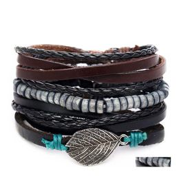 Pulseras con dijes Hombre negro Pulsera de piel Originalidad Una cadena de cuentas Traje de cuero artificial Cuatro juego de papel Joyería de entrega BR DHJ4C