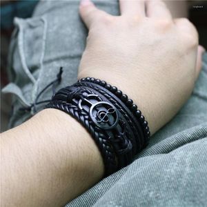 Bedelarmbanden zwarte muziek notitie veer vintage meerlagige lager lederen heren armband gevlochten femme homme bead wrap dames armbanden sieraden