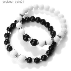Bracelets de charme Bracelet en pierre d'obsidienne noire guérison Onyx perles de porcelaine blanche Bracelets élastiques Bracelets bijoux pour femmes hommes amis cadeaux L231214