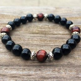 Pulseras de encanto Ónix negro y pulsera de ojo de tigre rojo Joyería de yoga para hombre Budista Mala Meditación Perlas Muñeca para hombres Regalo