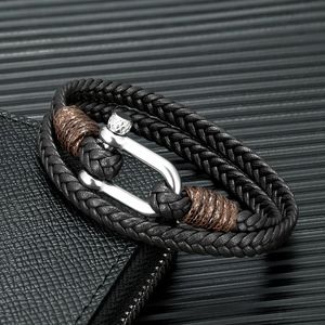 Bedelarmbanden zwarte kuiple dubbele streng lederen touw armband met roestvrijstalen boutcl. Mannen vrouwen nautische sieraden