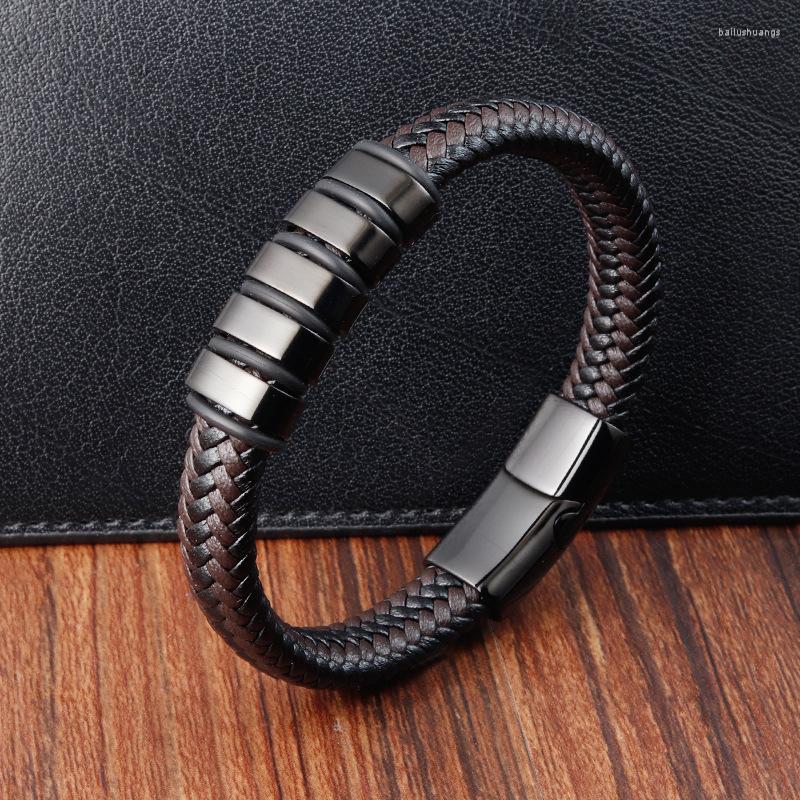 Charm Bracelets Black Simple Combination Small Accessories Stainless Steel Leather Bracelet Men's Fashion Jewelry Gift Wholesale Free Of