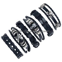 Bracelets de charme Noir Skl Bracelets Set Star Perles Bijoux Accessoire Punk Véritable Cuir Tressé Bracelet Mode Rétro Wrap Tissé Ha Dharb