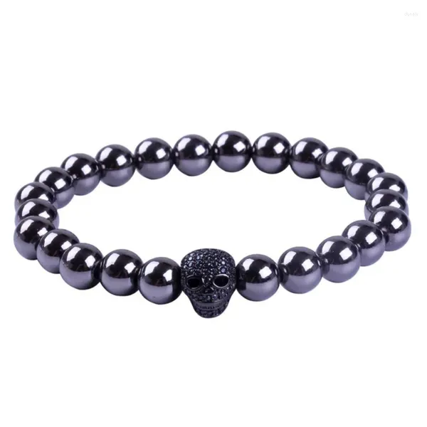 Bracelets de charme Bracelet de crâne noir 8mm Hématite naturelle Pierre de guérison perlée pour hommes Bijoux Pulseira Masculina