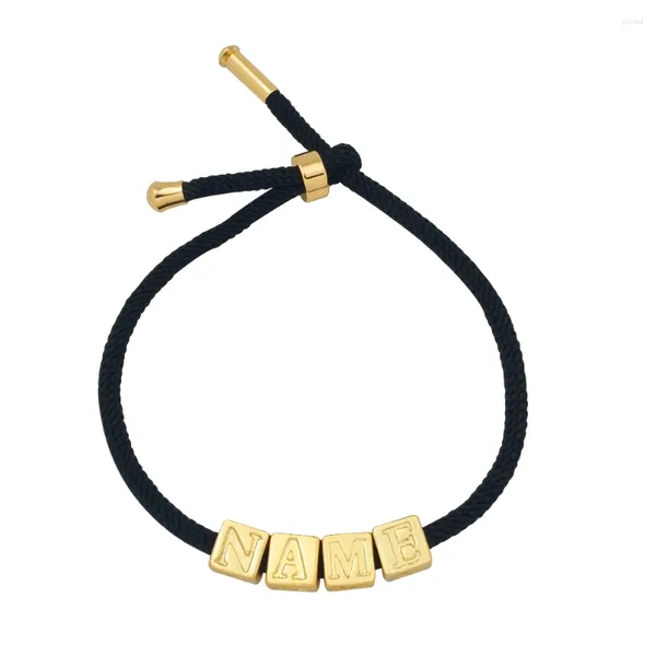 Pulseras de encanto Pulsera de letra de cubo de cuerda negra para hombre Color oro 26 CZ Cuentas plateadas Joyería DIY Cuerda inicial