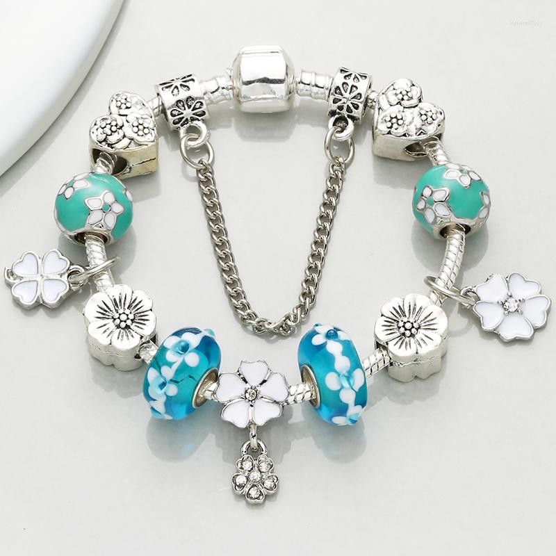 Charmarmband Blue Crystal Emamel Dragonfly Flower Pendant Pärlor för kvinnor Högkvalitativa modesmycken Bijoux Drop
