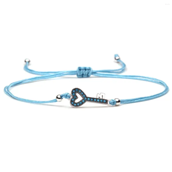 Bracelets de charme Blue Cubic Zirconia Copper Love Heart Key Bracelet Women Girl 2024 Fashion CZ Red Purple String Chain Bijoux