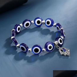 Pulseras con dijes Azul Mal de ojo Hamsa Pulsera de mano Joyería para mujeres Hombres Negro Moda Lucky Fatima Plam Beaded Stretch Strands2738 D Otiwp