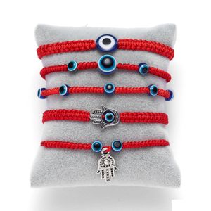 Pulseras con dijes Azul Mal de ojo Rojo Cadenas de cuerda negra para mujeres Hombres Hamsa Mano Trenzada Brazalete Joyería de moda Regalo Entrega de gota Dhnes