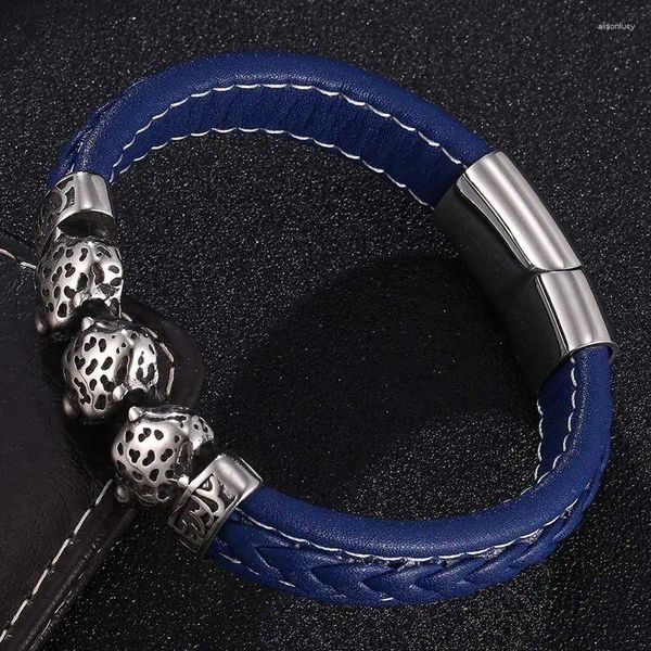 Bracelets de charme Bracelet de chaîne de main en cuir bleu bracelets mâle tête de léopard en acier inoxydable boucle magnétique hommes Bracelet Punk bijoux SP0848