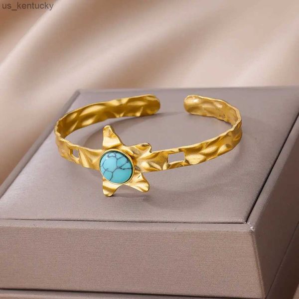 Pulseras con dijes, estilo paraguas de piedra natural azul, brazalete abierto de acero, color dorado, pulsera de diseñador, joyería de brazo de lujo R231115