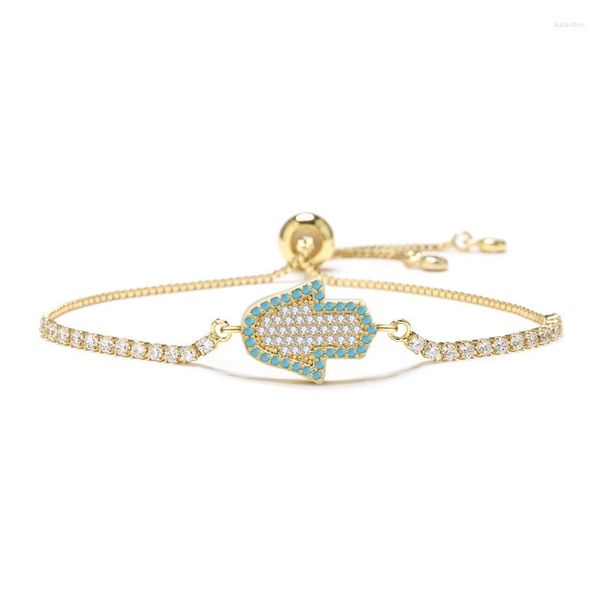 Braceletas Charmet Bluewhite Zirconia Crystal Hamsa Hamsa Hand of God Women Women Cz Box Cadena Joyería de latón Gold Plated Presente